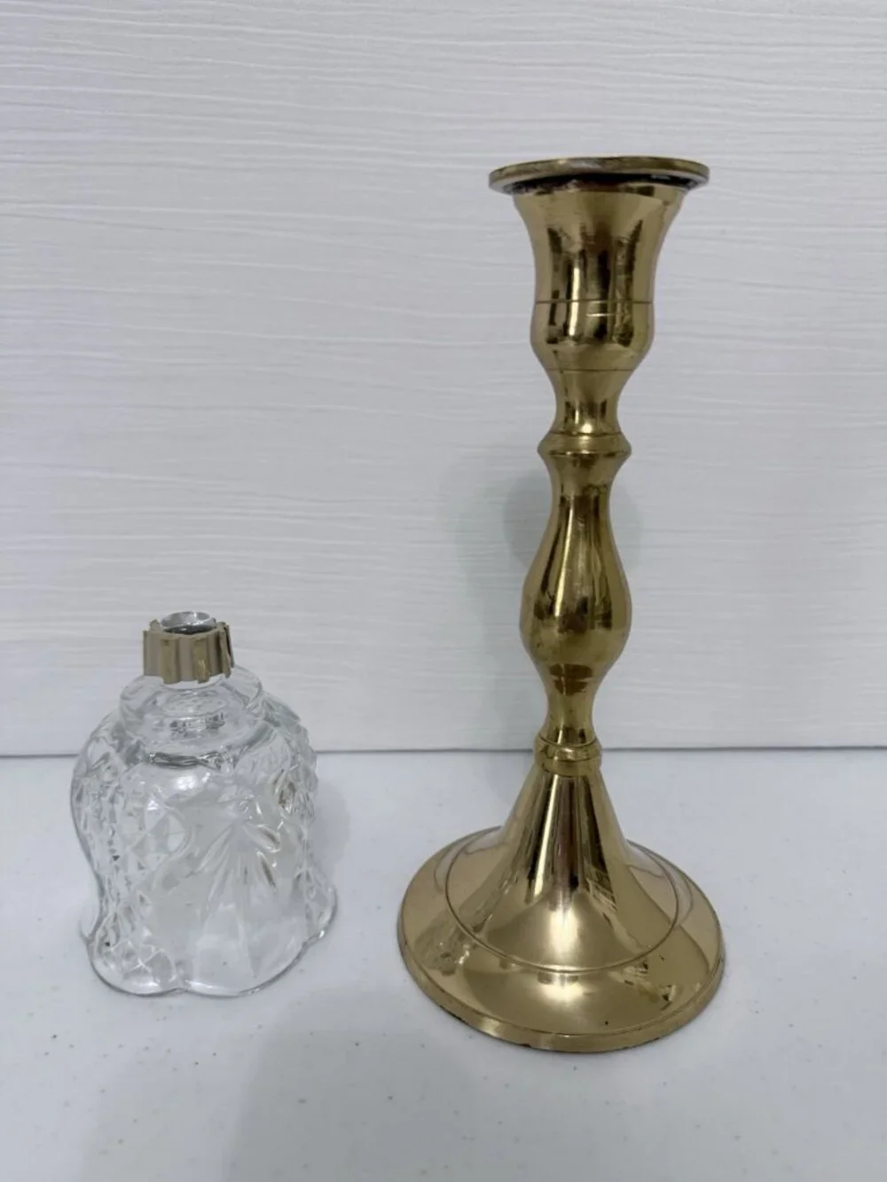 Homco Tulip Diamond Clear Votive Holder on Heavy Brass Candlestick Holder 10.75